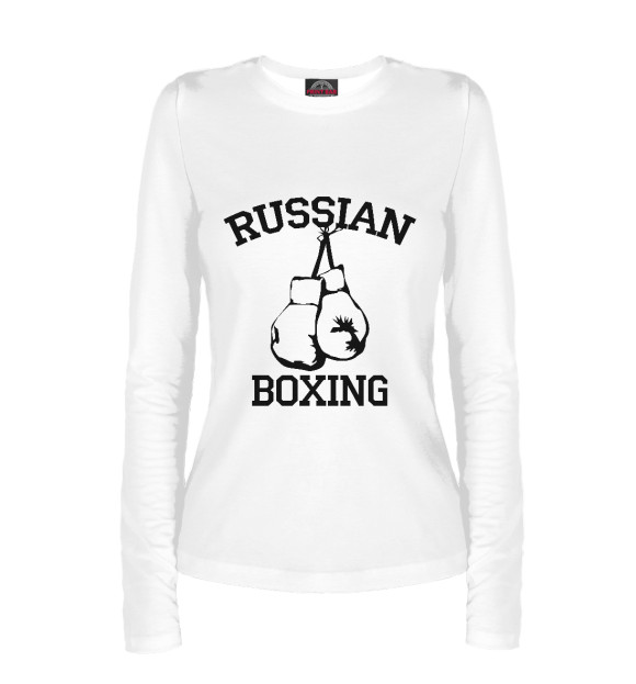 Женский лонгслив с притом RUSSIAN BOXING цвета Белый Женский лонгслив с изображением RUSSIAN BOXING цвета Белый