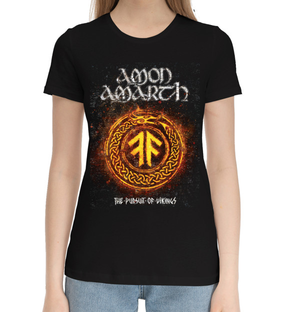 Женская хлопковая футболка с притом Amon amarth цвета Черный Женская хлопковая футболка с изображением Amon amarth цвета Черный
