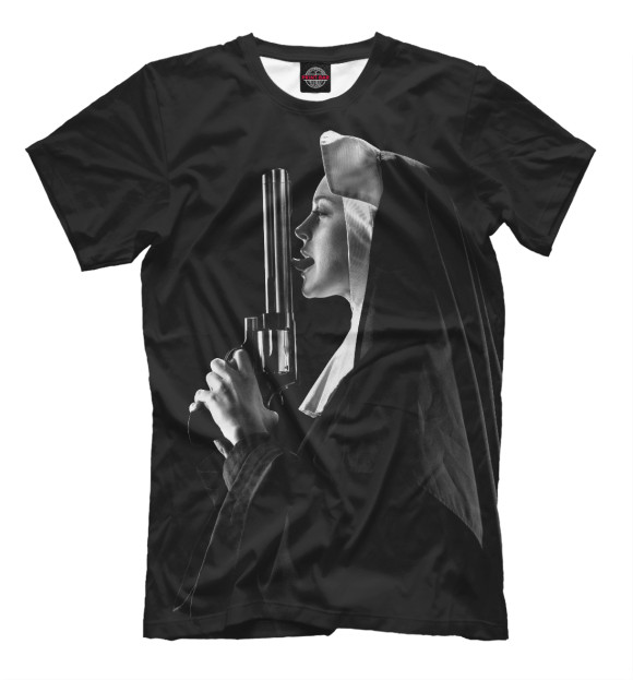Мужская футболка с изображением Монашка с пистолетом цвета Черный