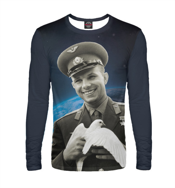 Мужской лонгслив с изображением Гагарин с голубем мира цвета Белый