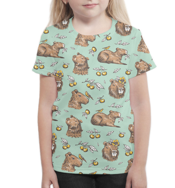 Футболка для девочек с изображением Капибара с ягодами цвета Белый