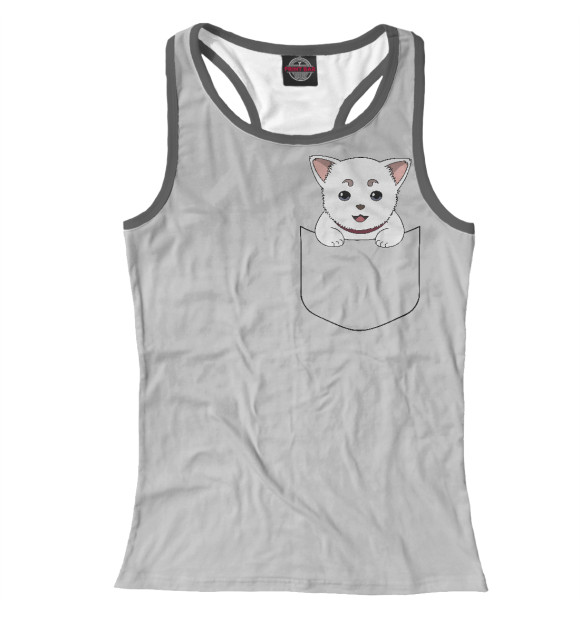 Женская майка-борцовка с изображением Котик в кармане цвета Белый