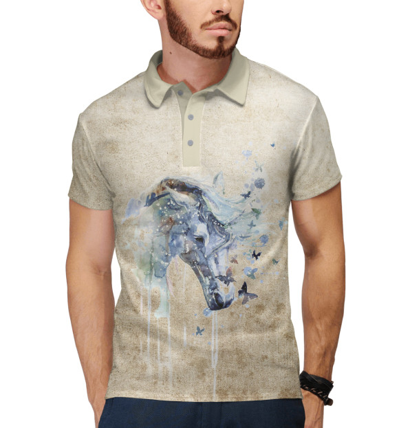 Мужское поло с изображением Акварель конь цвета Белый
