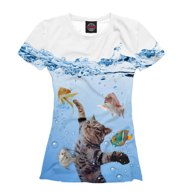 Женская футболка с изображением Кот рыболов цвета Белый