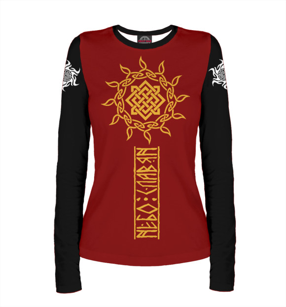 Женский лонгслив с притом Небо славян на красно-чёрном фоне цвета Белый Женский лонгслив с изображением Небо славян на красно-чёрном фоне цвета Белый