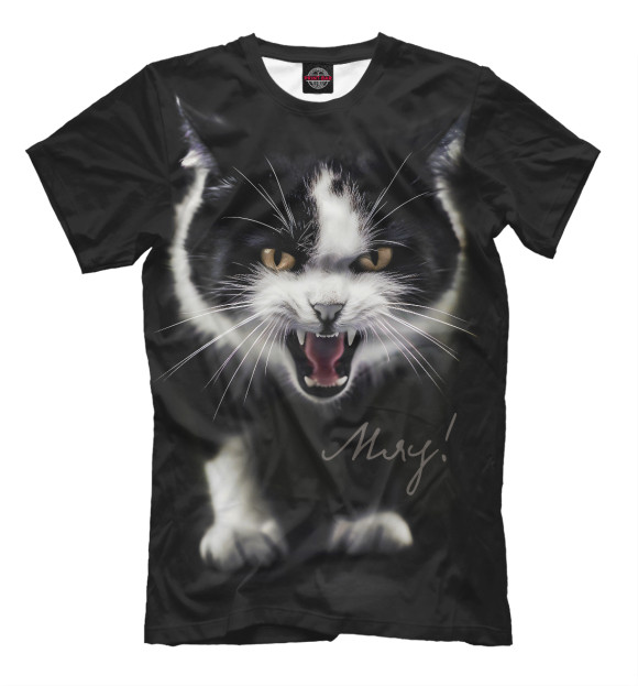 Мужская футболка с изображением Черно-белый атакующий кот цвета Белый