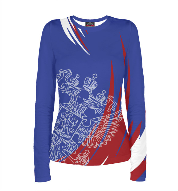 Женский лонгслив с притом Символика РФ цвета Белый Женский лонгслив с изображением Символика РФ цвета Белый