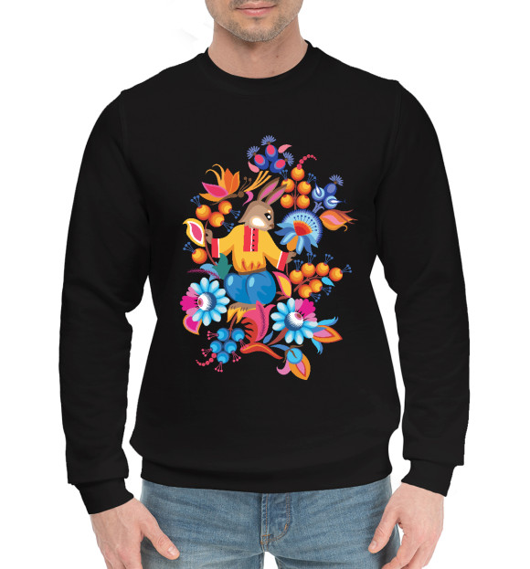 Мужской хлопковый свитшот с изображением Русский народный с зайчиком цвета Черный