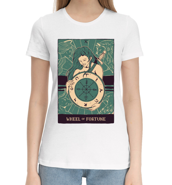 Женская хлопковая футболка с изображением Колесо Фортуны Таро цвета Белый