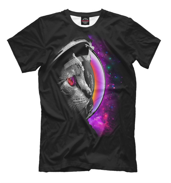 Мужская футболка с изображением Кот космонавт цвета Черный