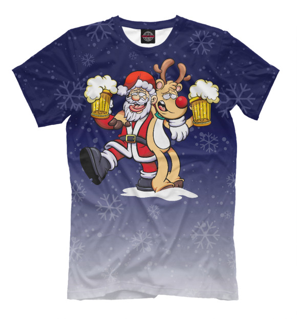 Мужская футболка с притом Санта и олень цвета Молочно-белый Мужская футболка с изображением Санта и олень цвета Молочно-белый