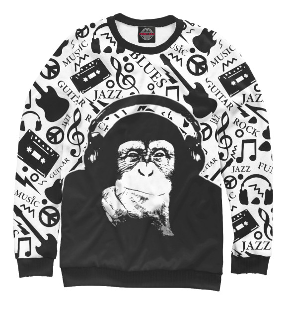 Мужской свитшот с изображением Шимпанзе в наушниках цвета Белый