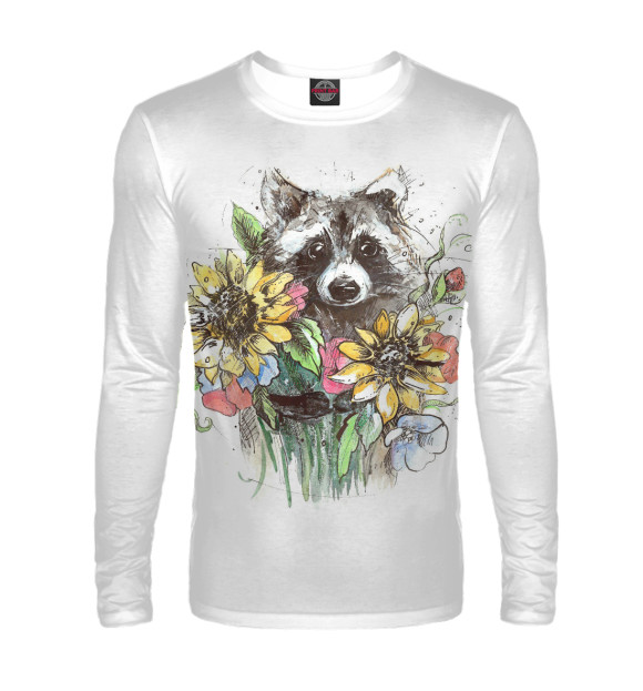 Мужской лонгслив с изображением Енот с цветами цвета Белый