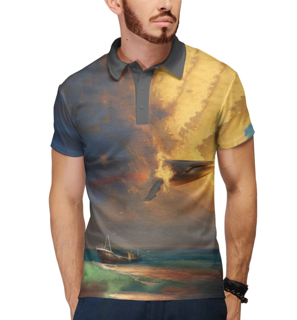 Мужское поло с притом Кит в небе цвета Белый Мужское поло с изображением Кит в небе цвета Белый