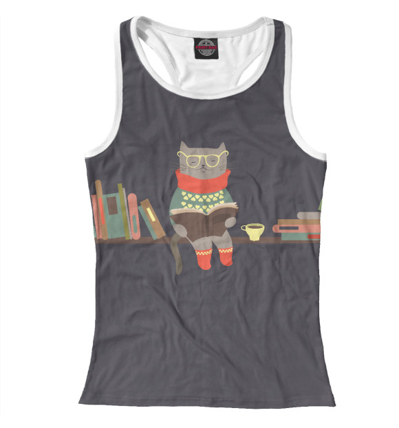 Женская майка-борцовка с изображением Кот читатель цвета Белый