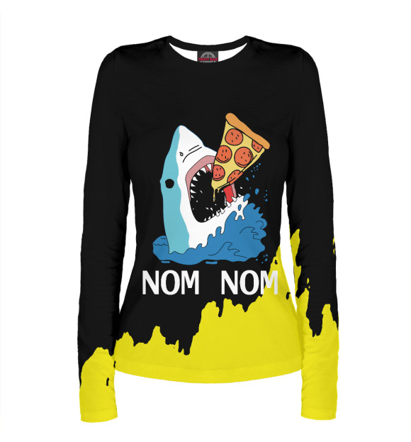 Женский лонгслив с притом Pizza Shark цвета Белый Женский лонгслив с изображением Pizza Shark цвета Белый