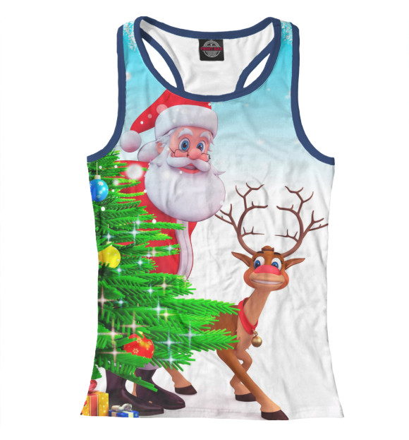 Женская майка-борцовка с изображением Дед Мороз и Олень цвета Белый