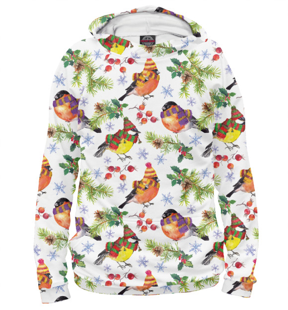 Женское худи с изображением Снегири и синицы цвета Белый
