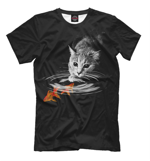 Мужская футболка с изображением Кот и рыбка цвета Черный