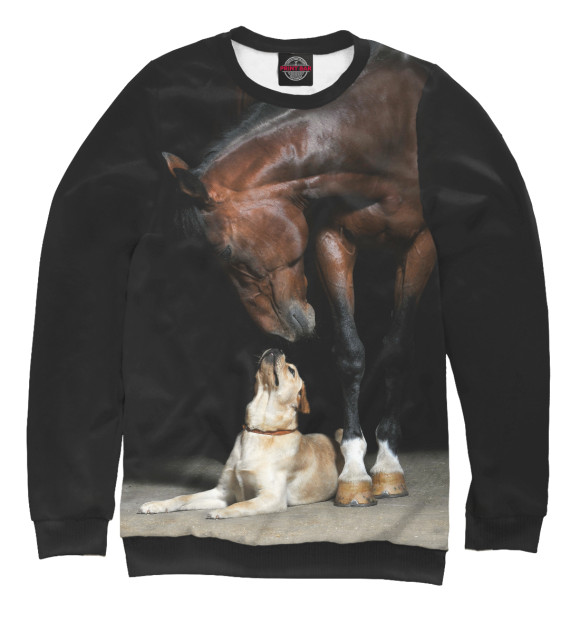 Женский свитшот с изображением Лошадь и пес цвета Белый