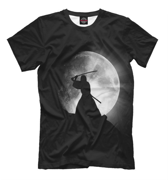 Мужская футболка с изображением Самурай и луна цвета Черный