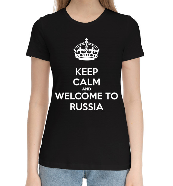 Женская хлопковая футболка с изображением Welcome to Russia цвета Черный