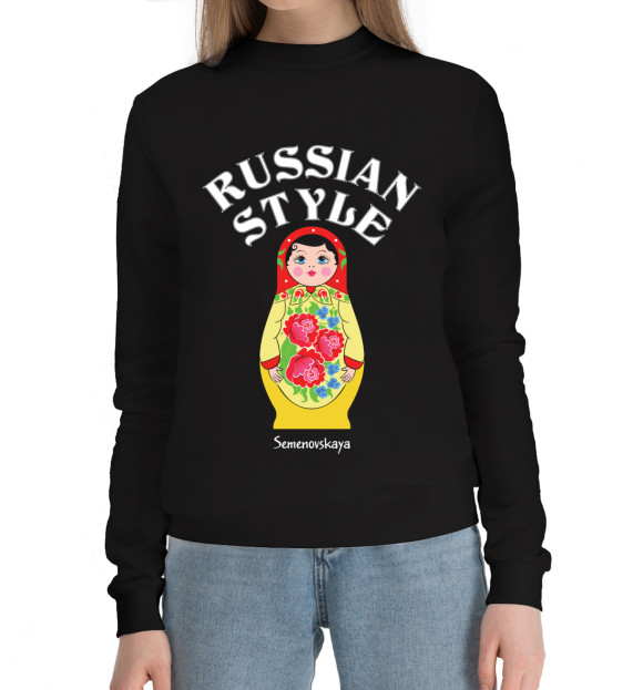 Женский хлопковый свитшот с изображением Семеновская матрешка цвета Черный