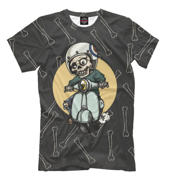 Мужская футболка с изображением Скелет на мопеде цвета Молочно-белый