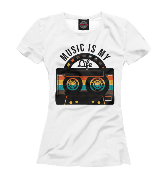 Женская футболка с изображением Music is my life (касета) цвета Белый