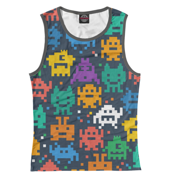 Майка для девочки с притом Монстры пиксели цвета Белый Майка для девочки с изображением Монстры пиксели цвета Белый