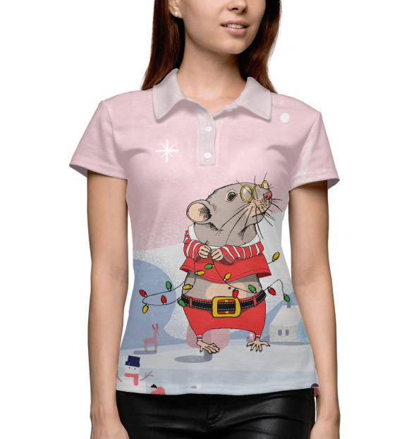 Женское поло с изображением Мышка с гирляндой цвета Белый