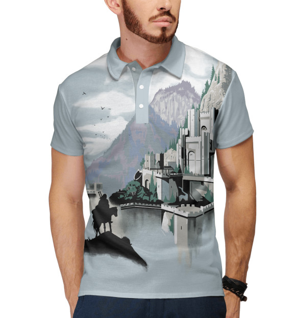 Мужское поло с изображением Рыцарь на лошади на фоне замка цвета Белый