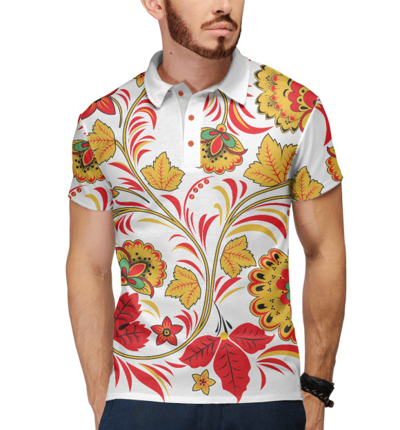 Мужское поло с изображением Хохлома цвета Белый