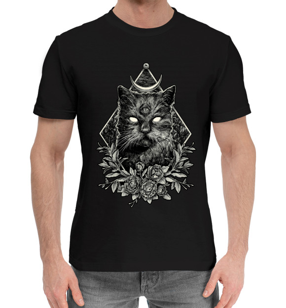 Мужская хлопковая футболка с изображением Dark Cat цвета Черный