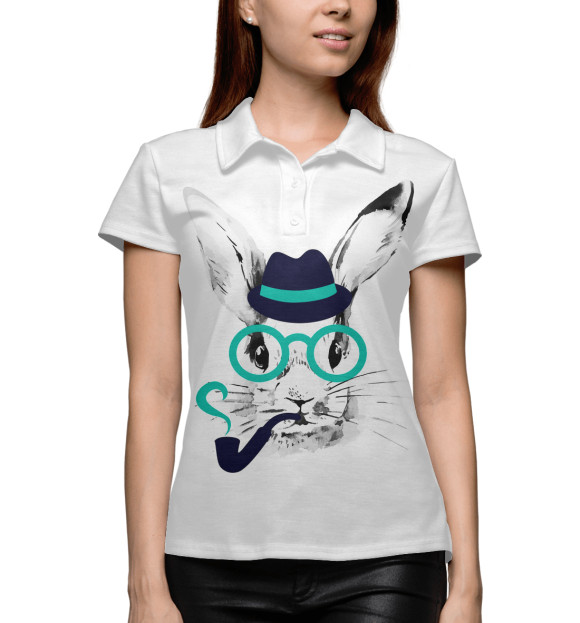 Женское поло с изображением Кролик с трубкой цвета Белый