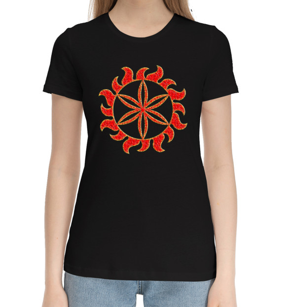 Женская хлопковая футболка с изображением Символ Колесо Перуна цвета Черный