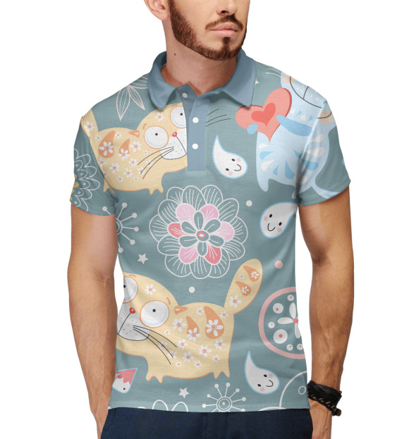 Мужское поло с притом Милые котики цвета Белый Мужское поло с изображением Милые котики цвета Белый