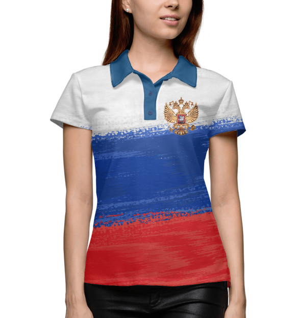 Женское поло с изображением Флаг России с гербом цвета Белый