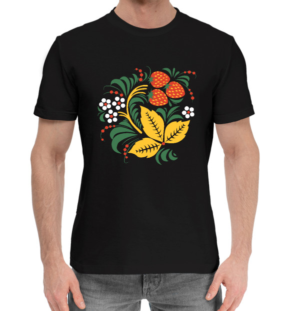 Мужская хлопковая футболка с изображением Хохлома роспись Клубника цвета Черный