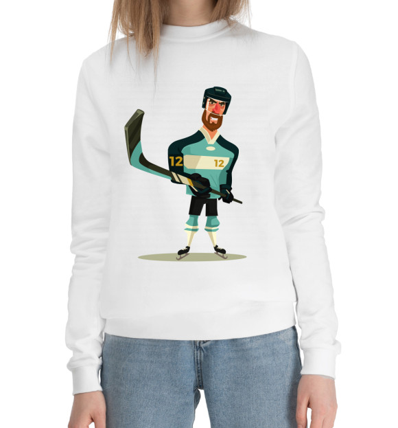 Женский хлопковый свитшот с изображением Хоккеист цвета Белый