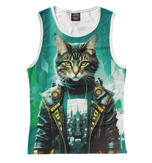 Майка для девочки с изображением Крутой котяра на фоне высоток цвета Белый