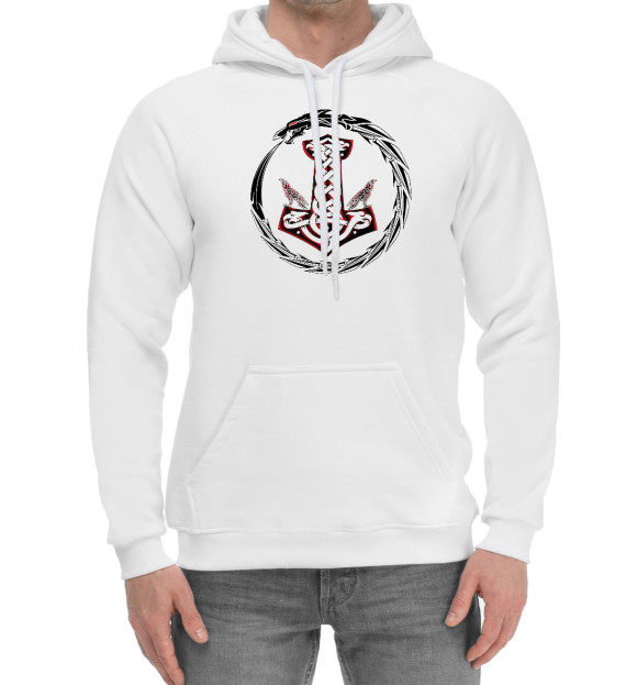 Мужской хлопковый худи с изображением Молот Тора в кольце цвета Белый