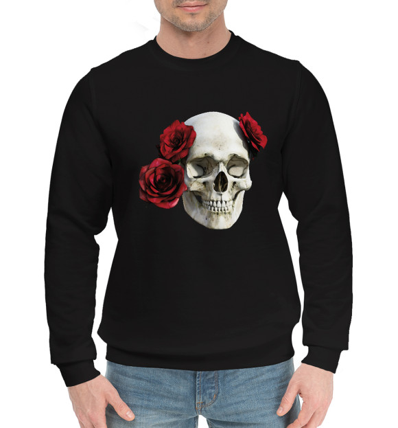Мужской хлопковый свитшот с изображением Череп с розами цвета Черный
