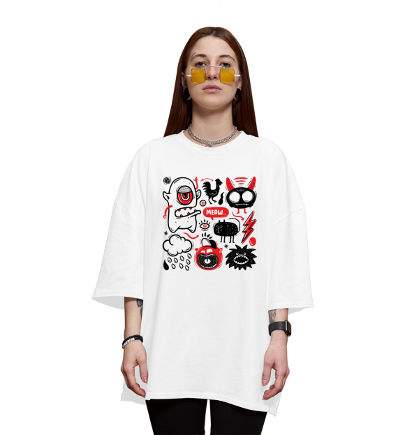 Женская футболка оверсайз с изображением Монстрики цвета Белый