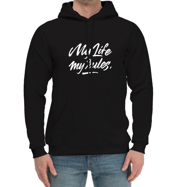 Мужской хлопковый худи с изображением My Life My Rules Motivation цвета Черный