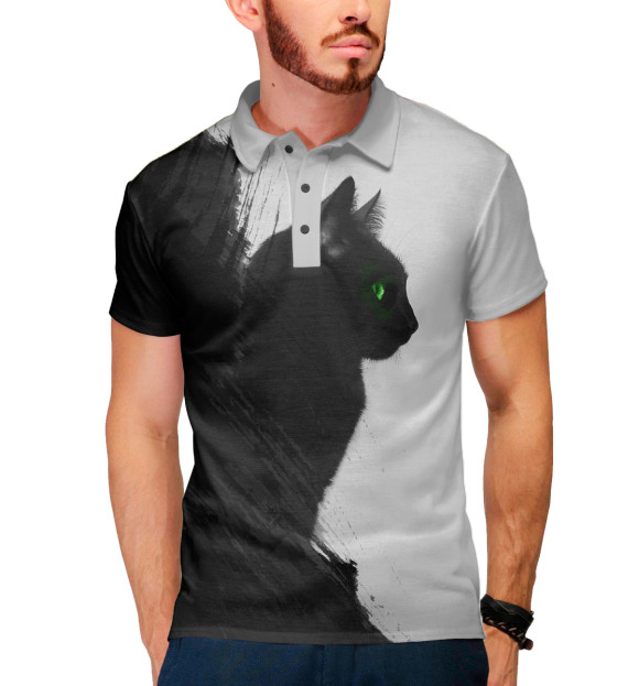 Мужское поло с изображением Чёрный кот цвета Белый