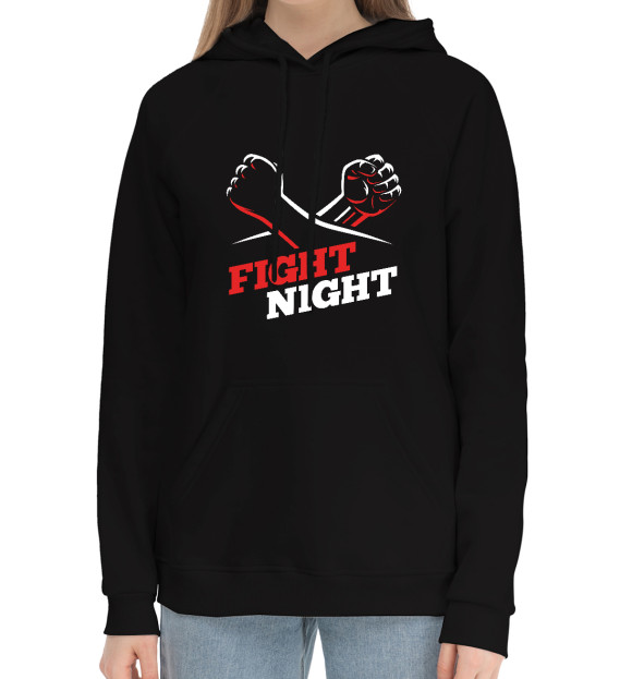 Женский хлопковый худи с притом Fight Night цвета Черный Женский хлопковый худи с изображением Fight Night цвета Черный