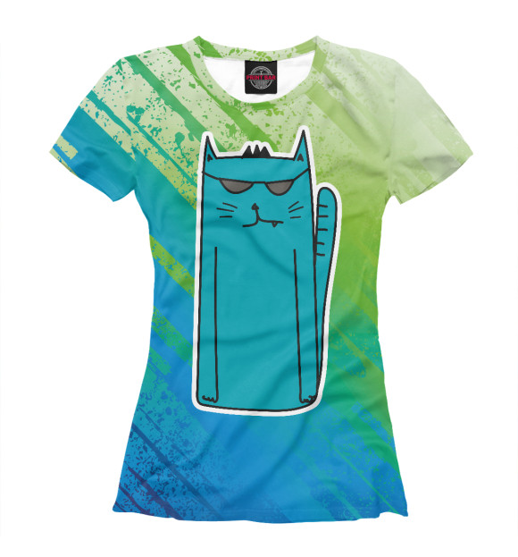 Женская футболка с изображением Длинный синий кот цвета Белый