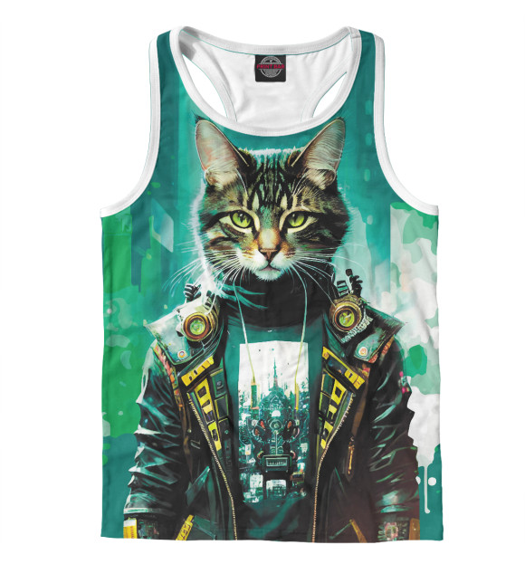 Мужская майка-борцовка с изображением Крутой котяра на фоне высоток цвета Белый