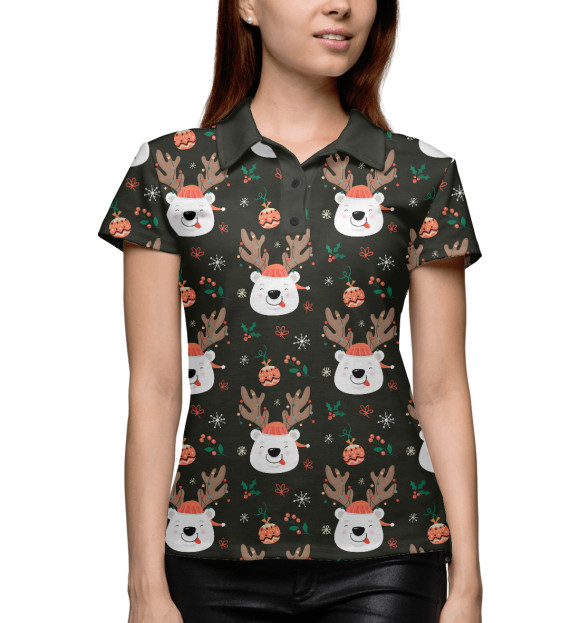 Женское поло с изображением Новогодний мишка цвета Белый